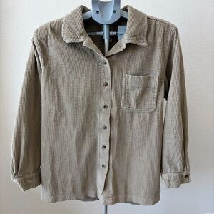 LL Bean Corduroy Shirt Womens Sz LG Beige Brown Shacket Button Up Front Pocket